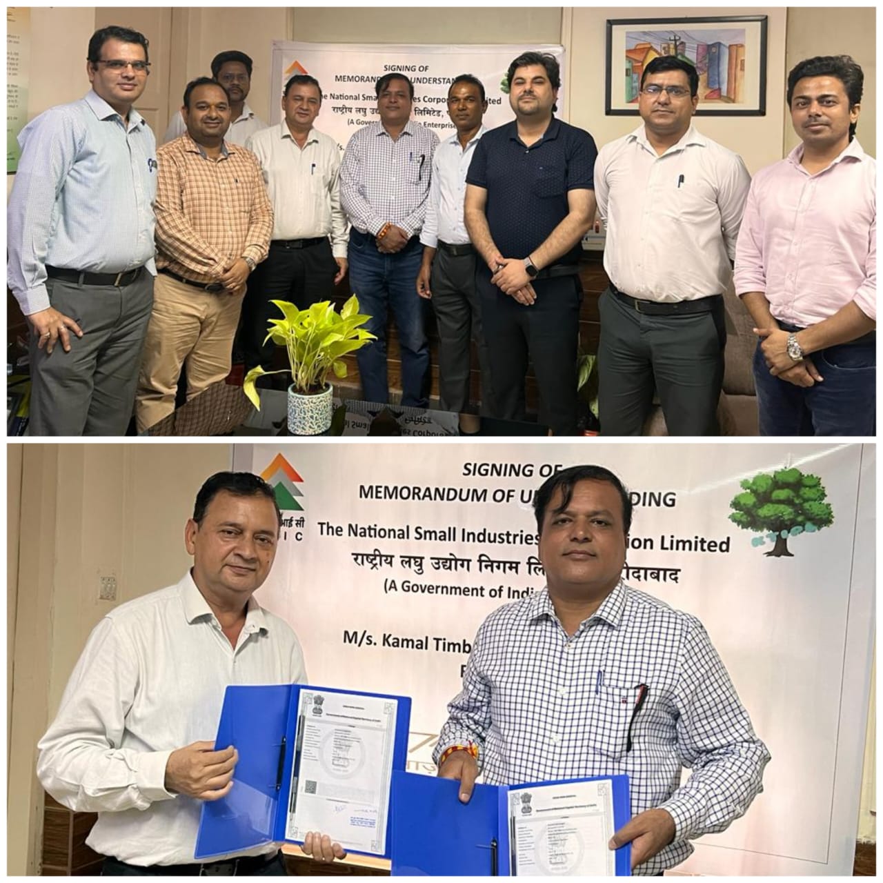 NSIC (NCR Zone) signed Memorandum of Understanding (MOU) with M/s Kamal Timbers on 2nd August, 2023. The MoU aims to provide high-quality Plywood and other wooden materials to the MSME sector under the Raw Material Distribution Scheme (RMD). The MoU was signed by Shri Rajesh Kumar Tripathi, ZGM (NCR), NSIC and Shri Kaman Chawla, Director, Kamal Timbers. It is envisaged that the MoU will enhance the RMD in the NCR Zone. Also seen in the picture are Shri Sanjay Yadav, SBM, NSIC (Delhi), Shri B.K. Gupta, Chief Manager, Shri Dhirender Kumar, Manager, Shri Ashish kumar, Manager, Shri Mukesh Rawat, Dy. Manager and Shri Shaminder Kardam, Dy. Manager.