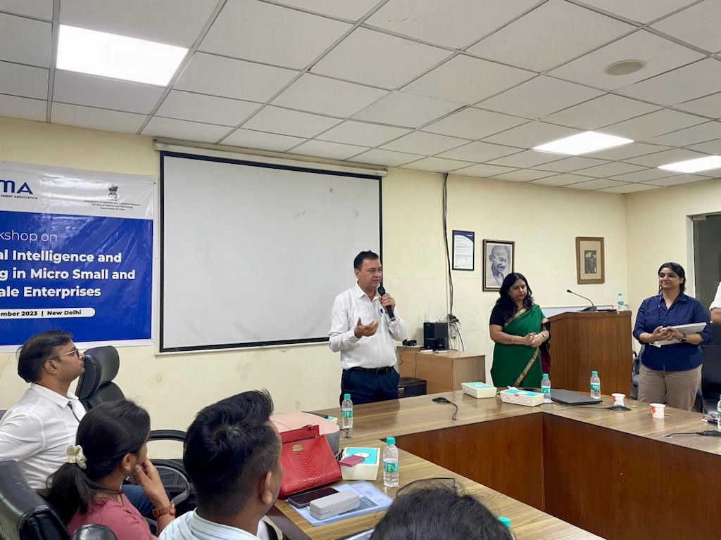 NSIC (Zone NCR), in association with the All India Management Association (AIMA) and the Department of Scientific and Industrial Research (DSIR), organized a workshop titled "Use of Artificial Intelligence (AI) and Machine Learning (ML) for MSMEs" on 04th September, 2023. The event saw active participation from nearly 30-35 attendees, comprising entrepreneurs and professionals eager to explore the transformative potential of AI and ML in the MSME sector. The workshop provided a valuable platform for knowledge exchange and hands-on learning, empowering MSMEs to leverage cutting-edge technologies for business growth and innovation. The program was coordinated by Shri Rajesh Tripathi, ZGM (NCR), NSIC.