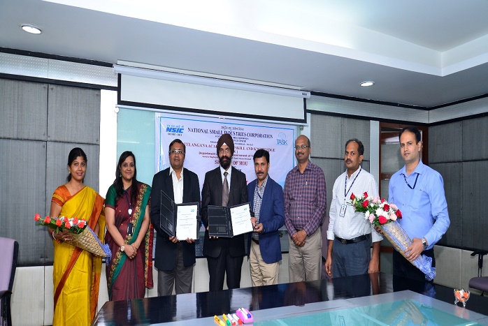 An MOU was signed for placement Linked Skill Training Programs between Telangana Academy for Skill and Knowledge (TASK), Govt. of Telangana represented by Sh. Sujiv Nair, Chief Executive Officer and National Small Industries Corporation Ltd. (NSIC), New Delhi represented by Sh. Satvinder Singh CGM-(Tech), on 3rd October 2018, around 1.00 PM at TASK Office, Hyderabad. MOU was signed in the presence of Sh. A B Prabhu Raj, General Manager, NTSC Hyderabad, Sh. N Madana Mohan Babu, DGM, Sh. U K Mishra, DM, Ms. Vani Harpanhalli, AM of NTSC Hyderabad & Sh. K Srinivas, Zonal Head, South-II and TASK Official Ms. D. Sailaja, Officer on Special Duty & Sh. Shaju Kumar,  Co-ordinator of TASK.
