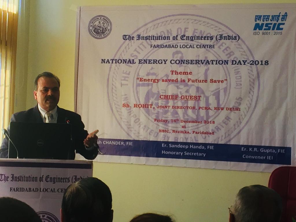 On the occasion of National Energy Conservation day a seminar on  Energy Saved is future save was organized by NSIC-Technical Services Centre, Neemka on 14th December, 2018 in association with Institution of Engineers, Faridabad (FIE). Over thirty participants took part in the event including Officials from Petroleum Conservation Research Association, members from FIE, Industrial Associations of IMT Faridabad, DLF, etc. Shri. Rajesh Kumar, Centre Head, highlighted the achievements of NTSC Neemka and the benefits of undergoing training under the NTSC (Neemka)  umbrella. 