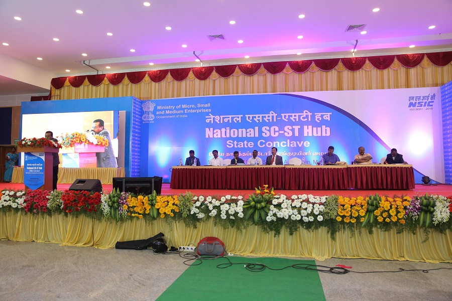 The National SC-ST Conclave was held on 14th December 2018 at, Madurai, Tamil Nadu. Sh. P. Udayakumar, Director (P&M),NSIC, New Delhi was the Chief Guest at  conclave. During the Key Note address Sh. P.Udayakumar talked about the various Scheme under the National SC-ST Hub and Ministry of MSME. The event was attended by over 300 SC-ST participants including women participants. The event also had stalls from various banking institutions i.e. Canara Bank, SIDBI, Bank of Baroda and other institutes like DIC Madurai, Southern Railways, BSNL, and NSC/St Hub Chennai office. A session was held with CPSEs/ PSUs such as KVIC, CPCL, IOCL. The other dignitaries graced the occasion were Shri Ganesan, Dy.Director, District Industries Cenre, Chennai, Shri. M.Chinnathambi, Divisional Director, KVIC, Madurai and officials from Indian Rare Earth limited Department of Atomic Energy , Mr. Manavalakurichi, Shri Ramakandash( Chief manager Electrical), Shri. Sathish kumar (Chief Manager Purchase). Senior officers from CPSEs and Banking sector were also present during the event. The welcome address was given by Shri T. Venkateswaran, Zonal Head, South – III, NSIC and he thanked all the dignitaries and participants for providing their support for the conclave. Presentation on NSSH by given by Shri L. Kalaiyarasan Senior Branch Manager, NSSHO Chennai. Vote of Thanks was given by Shri.P.S. Prem Anand, Senior Branch Manager, NSIC, Madurai.