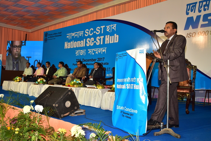 The National Small Industries Corporation Ltd.-NSIC organised a National SC ST Hub conclave at Kolkata. Sh. Bijay Bharti, IAS,Director (MSME) Govt. Of West Bengal, Dr. U.N.Biswas, IPS, CMD, WBSCSTFDC-Chief Guest, Col. Sabyasachi Bagchi, Chairman, WBSIDC, Sh. Milind Kamble, Chairman, DICCI, Sh. Arpan Mitra, Treasurer, BNCCI, Sh. P.Udayakumar, Director (Planning & Mktg.) NSIC Ltd., Sh. Suresh Karmali, ZGM-East-1 NSIC Ltd. were the dignitaries.