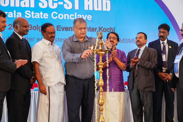The National Small Industries Corporation Ltd.-NSIC organised a National SC/ST Hub conclave at Kochi, Kerala. The programme was inaugurated by Shri V.Sasi ,Hon’ble Deputy Speaker of Kerala State Legislative Assembly and presided over by Shri Paul Antony IAS ,Hon’ble Chief Secretary, Govt. of Kerala. Shri.P.Udayakumar, Director (Planning & Marketing),NSIC Ltd, New Delhi, Dr. Venu V IAS Principal Secretary, SC, ST Development Department, Shri. K.N. Satheesh IAS, Director, Industries & Commerce,  Shri P.M.Ali Asgar Pasha IAS ,Director, Scheduled Caste Development Department, Dr.P.Pugazhendi IFS , Director, Scheduled Tribes Development Departmment, Shri M.Palanivel, Dy.Director,MSME-DI,Thrissur, Shri P.K.Sudheer,President,DICCI,Kerala, Shri Ravikumar Narra , President,DICCI,South India,Shri Raja Nayak, DICCI Coordinator,South India,Shri Damaodar Avanoor, President ,KSSIA and other high level officials of Banks,PSUs, Government Departments attended the conclave. Shri P.Ravikumar,Chief General Manager, NSIC gave welcome address and Shri Jeo John , Branch Manager,NSIC ,Kochi gave the Vote of thanks. Successful Dalit entrepreneurs, Smt. Suja K.S. ,Managing Director of  She Medias , Shri Gokul Nath, Managing Director of Demustango Technologies Pvt Ltd and other entrepreneurs were felicitated during the conclave. 