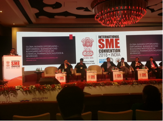 Sh. P. Udayakumar, Director (Planning & Marketing) made a presentation and moderated the special session on “Global Business opportunities –Empowering Business beyond Boundaries- with focus on Chemical, Pharmaceuticals, Food & Beverages” during the International SME Convention 2018 organized by Ministry Of MSME on 23rd April,2018. 