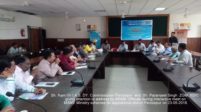 A meet on the schemes of Ministry of MSME for the Development of MSME Units in aspirational Districts at Moga & Ferozepur was organized with NSSHO Ludhiana on 23.05.2018. Representatives of the MSME-DI, Ludhiana namely Sh. R.K. Parmar, Deputy Director, Sh. Kundan Lal, Assistant Director & Nodal Office of Moga District, Sh. Alam, Assistant Director and Nodal Officer of Ferozepur District were also present with the representative from KVIC.The meeting at Moga was organized in the meeting hall of Office of the Deputy Commissioner, Moga. The meeting was presided by Sh. Rajesh Tripathi (PCS) Additional Deputy Commissioner, Moga and Sh. Lal Vishwas Ben (PCS) Assistant Commissioner (General), Moga were also present. Representatives from the leading associations of MSME of Moga District participated in the meeting with aspiring entrepreneurs of SC Category. The Moga Agro Industry Association, Moga Industrial Welfare Association, Moga Non-power soap Manufacturing Association and District Brick Kiln Owners Association were among the important associations in the participation.Similarly, the second meeting was also organized at Ferozepur, aspirational district of the Punjab in the meeting hall of the office of the Deputy Commissioner Ferozepur. The meeting was presided over by Sh. Ram Vir (IAS) Deputy Commissioner Ferozepur. Sh. Ranjit Singh (PCS) Assistant Commissioner (General) Ferozepur was also present in the meeting. The meeting at Ferozepur were also attended by Leading Associations namely Ferozepur Chamber of Commerce & Industry, Rice Mills Association, The Talwandi Bhai Agri Impliment Manufacturers Association etc.