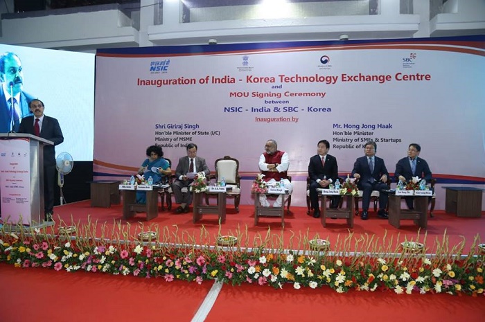 Delegates from India and Korea addressing the gathering during the inauguration of India - Korea Technology Exchange Centre and MOU Signing Ceremony between NSIC, India and SBC, Korea.