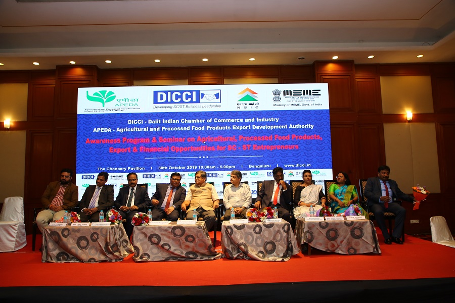 NSSHO-Bangalore alongwith DICCI , APEDA (Agricultural and Processed Food Products Export Development) & IIFPT (Indian Institute of Food Processing Technology) organized AWARENESS PROGRAMME for SC-ST Entrepreneurs on 30th October 2019.  Programme was inaugurated by Hon.Jagadish Shettar, Minister of Large & Medium Scale Industries,  Shri.P.Ravi Kumar, Chief General Manager, NSIC, South-I, Shri.Padmashree Miling Kamble, Founder Chairman DICCI, Shri.Raja Nayak, President DICCI SOUTH INDIA , Shri.R.Ravindra, DGM, APEDA, also present were Smt.A.Kokila, Branch Head, NSSHO-Bangalore, Shri.Dinesh Shankar, President DICCI, Tamil Nadu, Shri.Perumal Chinnaswamy, President DICCI, Karnataka and various other Dignitaries. 