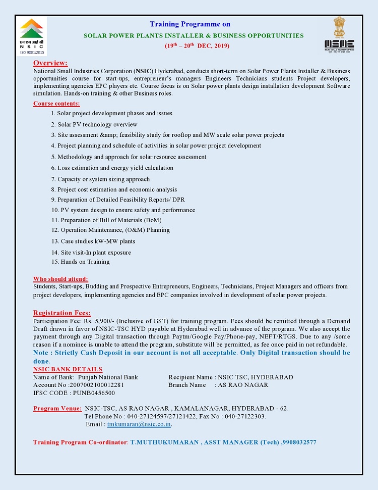 SOLAR PV  INSTALLER & BUSINESS OPPORTUNITIES" on 19th & 20th December,2019 at NTSC Hyderabad