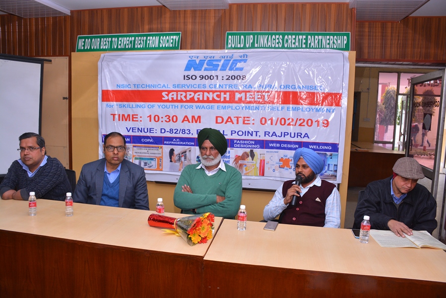 NSIC Technical Services Centre ,Rajpura organized "Sarpanch Meet" on 01.02.2019 for awareness of various skill training courses and NSIC schemes to newly elected Sarpanch of Rajpura block.Total 45 Nos of Sarpanch of various village surrounding the Centre Participated in the program.
Shri Baldev Singh ,Block President ,Rajpura applauded Centre's imitative for organizing  such meet which made aware newly elected surpanch's about various skill training courses undertaken by Centre and NSIC Schemes.Shri Baldev Singh asked present sarpanch's to make more and more people to aware about NSIC Training courses and NSIC Schemes in their respective villages for the benefit of unemployed youths.
Shri Gulzar Singh Chouhan ,SEPO (Social Education and Panchayat Officer) Rajpura  shared need for skill training to rural unemployed youth and shared that they will support NSIC for organizing such events in villages at Rajpura block for more awareness of NSIC Training courses and NSIC Schems.
Shri Ram Kumar Yadav DGM and Centre Head shared about details of training courses undertaken at the Centre,Testing activities and NSIC Schemes to all the participants.

