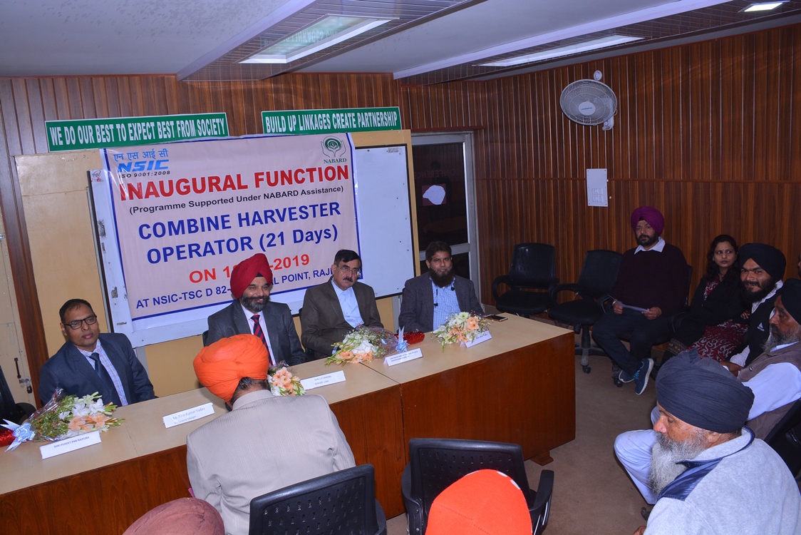 
 NSIC Technical Services Centre ,Rajpura organized inaugural function for start of skill training on combine harvester operator with financial assistance from NABARD . Under the programme skill training shall be imparted to 30 nos of beneficiaries on combined harvester operation and maintenance.
Present on the occasion Shri J P S Bindra ,Chief General Manager ,NABARD shared the need for skill training to rural unemployed youth specially women for rural development.Shri Bindra also shared that many more such programme shall be conducted in association with NSIC Technical Services ,Centre,Rajpura in up comming financial year. 
Present on the occasion ,Shri Deepak Shrivastava ,President ,Micro small medium industries association,Rajpura shared the skill manpower requirement of MSME's of the region and shared that during the training course students of the Centre to be sent to various MSME's of Rajpura for imparting more practical training to make them more employable for which association will provide all required support to Centre.
Valediction function also organized for 75 nos of pass out trainees for various skill training courses under financial assistance from NABARD.
Shri Ram Kumar Yadav ,DGM and Centre Head shared about NSIC Schemes and various skill training courses undertaken at the Centre for the support of MSME's.


