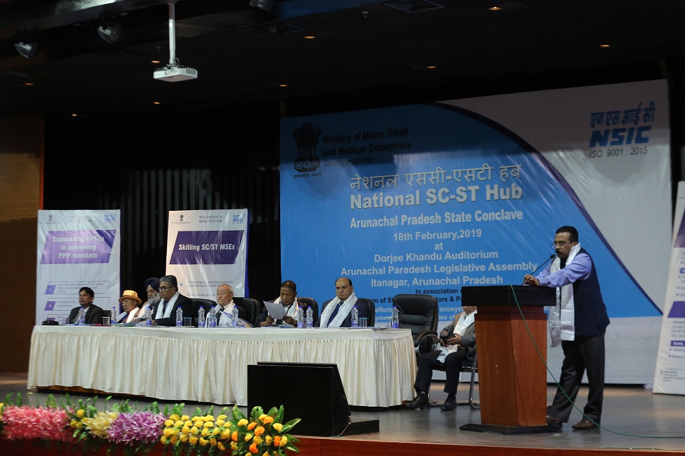 NSSHO, Guwahati conducted Arunachal State SC-ST conclave at Itanagar on 18.02.2019 at Dorjee Khandu Auditorium, State Assembly, Arunachal Pradesh. The program was graced by the Hon’ble Speaker of Arunachal Pradesh Legislative Assembly Shri.T.N.Thongdok in the presence of Shri.Bamang Felix, the Hon’ble minister of Parliamentary Affairs, Rural Work Department and IPR. Also present in the conclave were Shri. G.S.Meena, Commissioner of Industries, Govt. of Arunachal Pradesh; Shri. Ashok Kumar, Joint Secretary, MinIstry of Food Processing, Govt. of India;  Shri.P.Udayakumar, Director(P&M), NSIC New Delhi; Shri.Bilati Pertin, Commissioner of PWD and Finance,Govt. of Arunachal Pradesh; Shri.Habung Donyi, Director of Industries, Govt. of Arunachal Pradesh; Shri. Dr.Avinash Choudhary, ZGM(NE) and Shri.Inder Iqbal Singh Atwal, National Working President of SC and ST Legislatures and Parliamentarians.
The welcome speech was made by Dr.Avinash Choudhary, ZGM(NE), NSIC where he welcome all the dignitaries and delegates who participated in the program. He also made a special mention of the schemes of NSIC and NSSHO during his inauguration speech.
The Guest of Honour Shri. P. Udayakumar, Director(P&M), NSIC made an address on the various initiative taken by the Ministry of MSME and NSIC for the development of SC-ST entrepreneurs and Aspiring entrepreneurs. He also made a special mention on the new intervention created under NSSH schemes and its benefits to the entrepreneurs belonging to SC-ST category. He also invited the state govt. to work in close association with NSIC in its initiative towards the development of the SC-ST entrepreneurs and aspirants. 
There were also address from the Joint Secretary, Ministry of Food Processing, Commissioner of Industries, Commissioner of PWD and Finance, from the Hon’ble Minister of Parliamentary Affairs, Rural Work Department and IPR who have appreciated the initiative from NSIC for the development of the SC-ST community. 
The presidential speech made by the Hon’ble speaker mentioned the potentials of Arunachal Pradesh people in agriculture sector, horticulture and industries. He said that his government is open to work with NSIC for the upliftment of the people of Arunachal Pradesh and look forward for the fruitful result through conclave. 
More than 210 SC/ST people participated in the programme.
