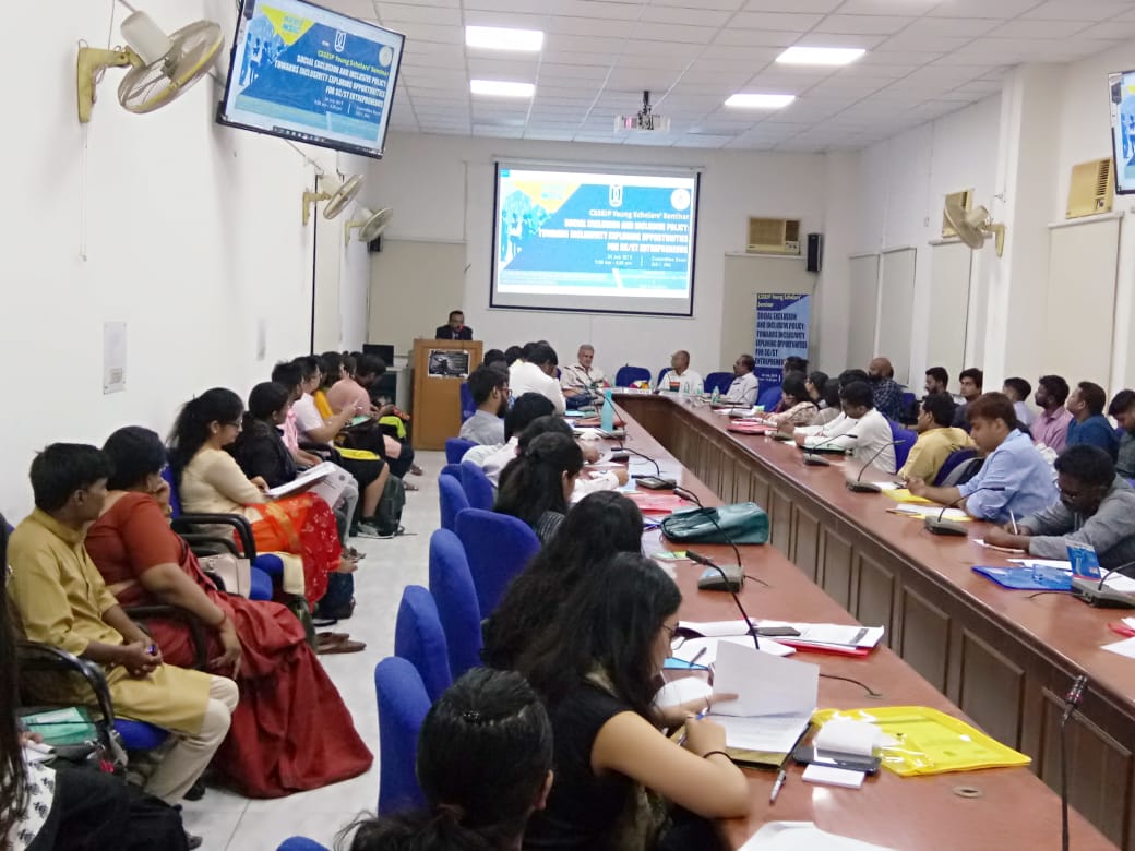 Shri P. Udayakumar, Director (Planning & Marketing) NSIC addressed the gathering of young scholars in the Seminar organised by Centre for the Study of Social Exclusion and Inclusive Policy (CSSEIP) School of Social Sciences, Jawaharlal Nehru University ’ at JNU on 24.07.2019. Seminar was based on SOCIAL EXCLUSION AND INCLUSIVE POLICY: TOWARDS INCLUSIVITY EXPLORING OPPORTUNITIES FOR SC/ST ENTREPRENEURS.A seminar was organised by CSSEIP School of Social Sciences, JNU on exploring opportunities for SC/ST Entrepreneurs on 24.07.19.  Special Guest Shri P. Udayakumar, Director (Planning & Marketing) NSIC delivered a lecture on schemes of Ministry of MSME and NSIC to the JNU scholars. DPM mentioned about the various new initiatives taken by the Govt. of India for creating the self-employment opportunities available for the aspiring entrepreneurs. He also mentioned about the digital initiatives taken by Govt. of India towards ease of doing business.  DPM also explained about the Successful implementation of smooth registration of manufacturing and service units through Udyog Aadhaar memorandum (UAM), financial solution to MSEs through TReDS,  Delayed payment monitoring and its solution through MSME Samadhaan and monitoring of Procurement from MSEs by Govt.  Departments through MSME Sambandh portals.  Inaugural Address was given by Prof. Chintamani Mahapatra, Rector-I, JNU. Key note Address was given by Professor Srinivas Bathula, Department of Economics, Jamia Milia University. Shri Y. Chinna Rao, Seminar Coordinator, and Chairperson, CSSEIP, SSS, JNU delivered the Vote of Thanks.
