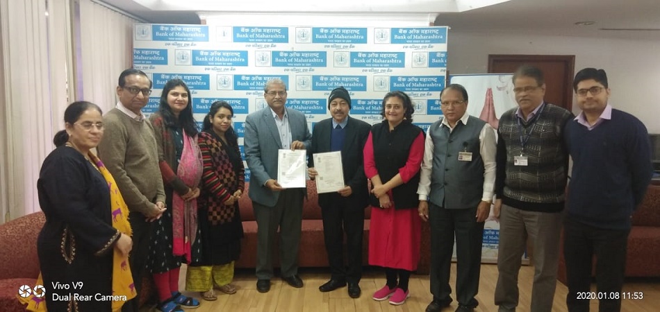 NSIC has renewed the MOU agreement with Bank of Maharashtra on 8thJanuary 2020 for  serving the financial needs of MSME Sector under its Bank Credit Facilitation Scheme . The MOU has been signed by Sh. A.K Mishra ,General Manager (Bank Tie Up) seen along with Ms Himani Shali, Manager(Bank Tie Up) of NSIC and Sh. Pramod Datar, Zonal General Manager,Delhi Zone from Bank of Maharashtra.