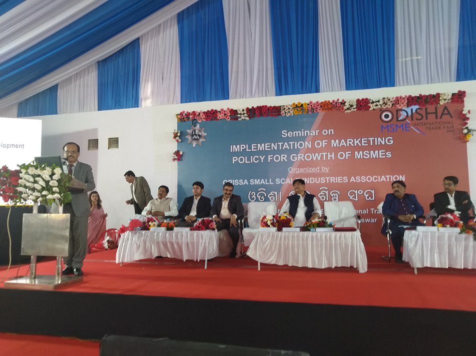 NSIC (Orissa) in association with Orissa Small Scale Industries Association organized a “Seminar on implementation of Marketing Policy for Growth of MSMEs “ on 09th Jan 2020 at Bhubaneshwar . Giving the key note address ,Shri Gaurang Dixit, Director(Finance) ,NSIC highlighted the benefits of NSIC schemes and Various other services of Ministry of MSME such as National SC ST Hub ,etc for the Growth of MSME sector in India. The Seminar was presided by  Hon’ble Minister, Food Supplies & Consumer Welfare and Cooperation, Govt. of Odisha ,Shri Hemant Sharma, Principal Secretary to Govt. of Odisha, MSME Dept., Dr. S K Kar, CTTC, Mr. Dipan Mitra, Manager, National Stock Exchange of India.