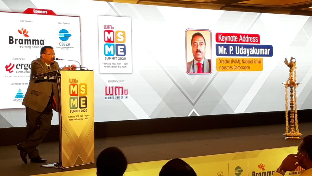 Shri. P. Udayakumar, Director (P & M) as a Key Note Speaker at "MSME Sumit 2020" organised by Dhanam Publications Pvt Ltd at Kochi ion on 4th January'2020. During his key Note Address the Challenges faced by MSMEs in managing and scaling up Business and initiatives taken by the Government of India to overcome such challenges was highlighted. The presence of Director (P & M) was highly solicited by the dignitaries and the participants.
