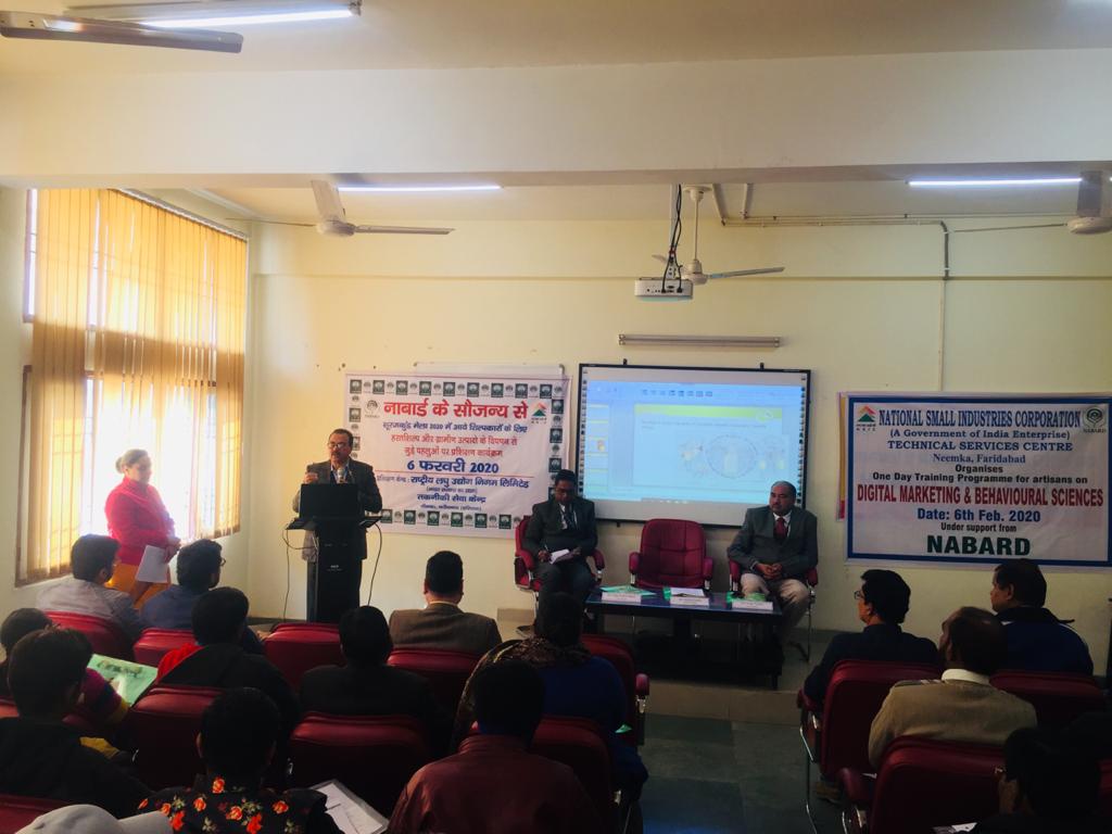 A One day Training program  on “Digital Marketing and Behavioral Sciences”  was conducted at NSIC- Technical Services Centre, Neemka on 6th February,2020 for Artisans participating in Suraj Kund Mela,  2020 under financial support and facilitation by NABARD.  Over fifty Artisans from across the country participated in the program which commenced with lamp lighting session and welcome speech Shri Rajesh Kumar, Centre Head  who also  briefly described the NSIC schemes and the role of Technical Services Centre. Duirng the program Senior Officers from NABARD were also present. Shri Vijay Kumar Nagra, AGM  briefed the participants about the schemes of NABARD and it’s role in rural development.

Technical Session on  Digital Marketing was delivered by  Shri Amit Goel, Director , M/s Mobeology Communications Pvt. Ltd. , Faridabad. He explained about the importance and intricacies of Digital Marketing for growth and development of businesses of the Artisans. He also explained as to how the Artisans in their respective areas of operation can take use of Digital marketing despite technological challenges and limitations in rural areas. 

Shri Pankaj Kumar Trehan, from Institutions of Engineers, Faridabad,  explained about the marketing portal for digital marketing and  he also covered the features of MSME portal, NSIC’s  B2B schemes to help Artisans to display their product to global market, Importance of the portal to their business and for marketing their products  at their respective workplace with reduced marketing cost.
The last session on “Behavioral Sciences” was taken up by Ms. Anudeep, Faculty and well explained  their importance & role in the business.

All the Artisans were  very much impressed with the training program on Digital Marketing and expressed their utmost satisfaction and resolve to take the advantage of Digital marketing to expand their business through Digital model.

In the vote of thanks offered by Shri  Sanjeev Tripathi, DGM, NABARD he greatly appreciated the conduct of the program for its relevance and advantage to the Artisans and said to conduct more such programs in other districts of Haryana by engaging the expertise of NSIC-TSC, Neemka (Faridabad). 

