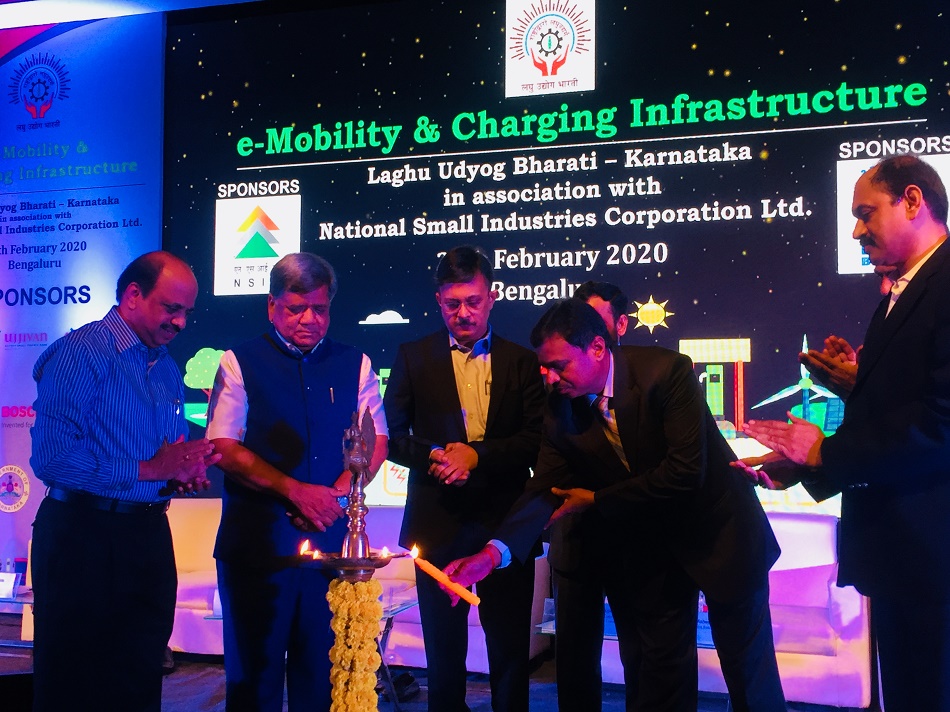 Seminar  on e-Mobility & Charging Infrastructure organised by NSIC Bangalore  with Laghu Udyog Bharti on 27 February 2020,lighting of lamp by Shri.P.Ravikumar ,CGM, South-1 NSIC in the Presence of Mr.Jagdish Shettar, Honorable Minister for Large and Medium Industries, GoK,Mr. Gaurav Gupta , IAS, Principal Secretary, Commerce and Industry, Mr.Srikanta Dutta, President, LUB-K and other dignitaries.