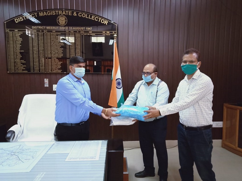 Wearing a face mask is an effective way to help contain transmission of COVID-19 virus. Under the CSR Initiatives, North Zone -I, The National Small Industries Corporation Ltd.-NSIC provided Personal Protection Equipment (PPE) kits (2,500 Mask, 150 All over, 100 Specs) to District Magistrate, Meerut, Uttar Pradesh for the use of frontline Hospital workers (Doctors/ Nurses). This initiative was taken up by Shri Sanjay Rautela, ZGM, NSIC.