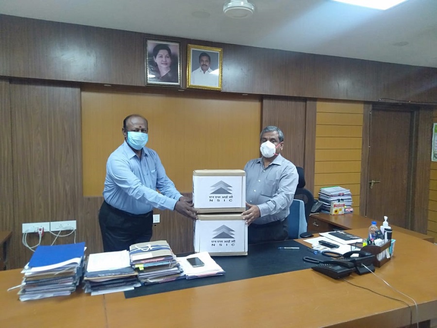 Thiru. K. Rajamani I.A.S. District Collector, Coimbatore was handed over the Masks and Sanitizers for distribution by NSIC to join the fight against COVID 19. This NSIC initiative under CSR was taken by Shri G. Kannan, Senior Branch Manager, Branch Office, Coimbatore.