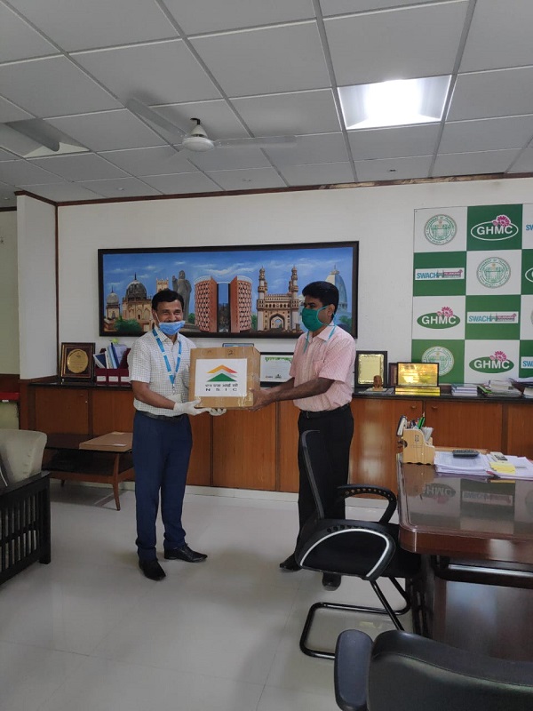 Shri D.S. Lokesh Kumar, IAS, Commissioner, GHMC, Hyderabad, was handed over the Face Masks, Sanitiser, Soaps, Hand Gloves & PPE kits  for distribution by NSIC to join the fight against COVID-19. This NSIC initiative under CSR was taken by  Shri.A. B. Prabhu Raj, Centre Head, NTSC (Hyderabad).