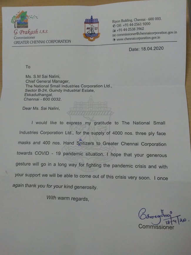 Greater Chennai Corporation (Tamil Nadu) applauds NSIC initiative to combat COVID-19 pandemic in the country.