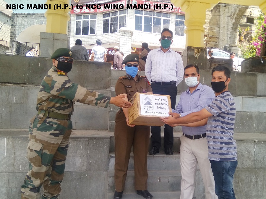 In continuation of Nation's fight with COVID19, officers of Mandi (H.P.) office of The National Small Industries Corporation Ltd. (NSIC) Sh. Lokesh Bhatia (Dy. Manager) & staff provided Face Masks and Hand Gloves to NCC WING MANDI (H.P.) Lieutenant Dr. Smriti Thakur, ANO Girls Army Wing, Dr. Chaman Lal CT/ANO Air Wing and Subdhar Parveen Singh (2 HP NCC Battalion Mandi) for distribution to frontline workers / cadets of their wing.