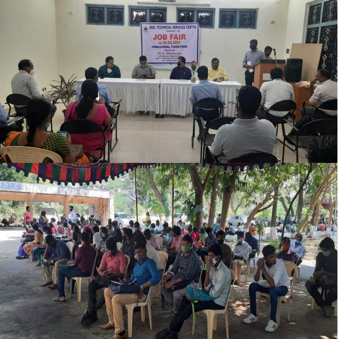 NSIC Technical Services Centre (Chennai) organized first Job Fair after covid in the current year of 2020-21 in its campus on 24th February, 2021 to facilitate the trainees for their employment through campus placement. The Job Fair was inaugurated by Dr. E. Bhaskaran, Join Director, Department of Industries and Commerce, Govt. of Tamilnadu. Shri U. Venkatachalapathi, Centre Head, NTSC addressed the gathering and explained about the NSIC schemes and importance of skill development training programs and job mela. More than 300 job aspirant participated and out of these 120 aspirants shortlisted by companies.