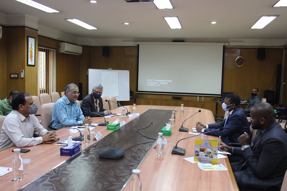 H.E. Mr. AbdoulWahabHaidara, Ambassador of the Republic of Senegal in India called upon Shri Vijayendra, CMD, NSIC to discuss opportunities of cooperation in the field of MSME.  Sh. Vijayendra briefed him on the activities of NSIC in the field of MSME development.  He also highlighted the interventions of NSIC for creating self-employment opportunities in Senegal. CMD also deliberated on further cooperation opportunities between NSIC and Republic of Senegal for development of MSMEs in Senegal. H.E. Mr. Haidarawas also taken around NSIC’s Rapid Incubation Centre and Advanced Training Center at New Delhi to familiarize him with NSIC’s facilities for skill development and creation of self-employment opportunities for unemployed. His Excellency appreciated NSIC’s facilities and found its model to be aligned with the need of skilling and creating job opportunities for youth and women in their country. He showed keen interest to cooperate with NSIC for promoting Micro and Small enterprises in his country. Sh. Gaurang Dixit (Dir. Finance), Sh. Sunil Tyagi, GM-SG (IC), and Sh. O.P. Singh, GM - Head NTSC, and Sh. Anupam Tiwari – Manager (IC) were also present.