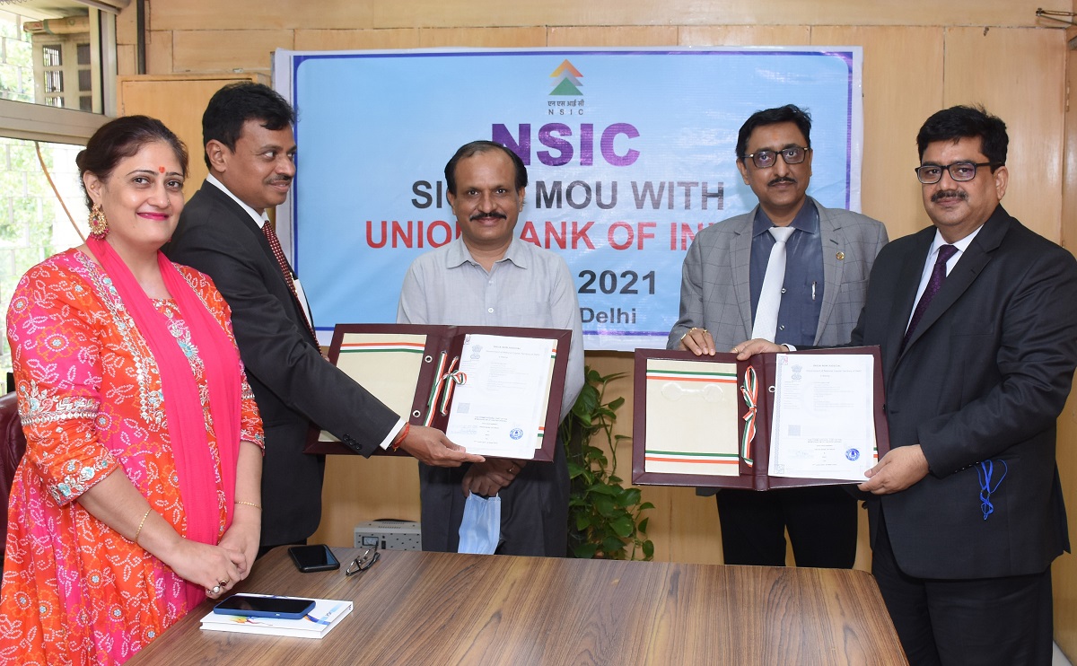 NSIC has entered into MOU agreement with Union Bank of India on 17th June 2021 under NSIC Bank Credit Facilitation Scheme to support MSMEs with credit requirements. The agreement was signed by Sh. P. R.  Kumar, Chief General Manager, NSIC and Sh. P.K Das, Field General Manager, Union Bank of India in the presence of Shri G. Dixit, Director (Finance), NSIC. Also present on this occasion was Ms. Himani Shali, Chief Manager, NSIC and Shri Ajay Kumar, Regional Head, Union Bank of India.