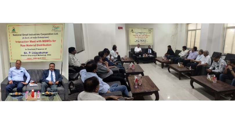 Shri P. Udayakumar, Director (P& M) interacts with Steel and Aluminum customers in Jaipur on 9th April, 2022 to understand their issues and to plan the upliftment for the year 2022-23. He assured them to take up their feedback with Suppliers for a smooth supply. Mr DK Agarwal, SBM, VKI and Mr, DD Maheswari, SBM, NSIC (Jaipur) along with NSIC officers were present in the meeting.