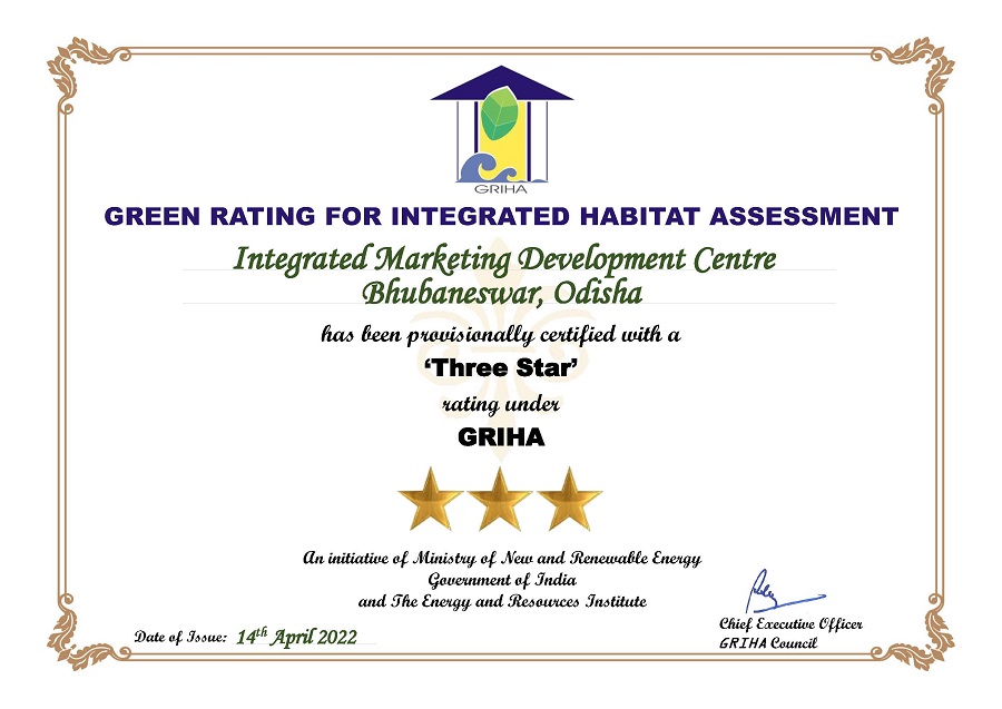 NSIC  Business Park Bhubaneswar, ( Odisha) has been awarded the “Three Star” GRIHA Provisional V3.1 rating by the GRIHA Council  The rating shall be valid for a period of five years from the date of final rating of the building.  The NSIC Management Congratulates the project team involved  in achieving the “Three Star” GRIHA V3.1 provisional rating.