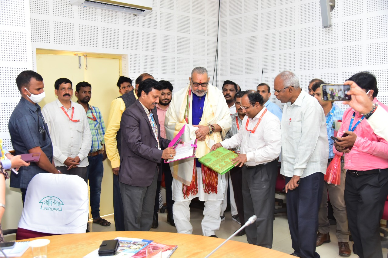 NTSC (Hyderabad) signs MoU with NIRDPR (National Institute of Rural Development & Panchayat Raj) under the Ministry of Rural Development & Panchayat Raj (MoRD), Government of India on 30.06.2022 at Hyderabad.Shri. A.B. Prabhu Raj, General Manager (SG) & Centre Head (NSIC-TSC), Hyderabad exchanged the MoU with Shri. Dr. M. Srikanth, Registrar, NIRDPR in the presence of Hon’ble Cabinet Minister Shri. Giriraj Singh, Ministry of Rural Development & Panchayat Raj, GoI. Also present in this occasion, Shri. Narendra Kumar, IAS, Director General of NIRDPR, Shri. K. Zimpa Bhutia, Joint Secretary, MoRD, GoI, Shri. Sandeep Sultania, IAS, Secretary, Rural Development & Panchayat Raj, Govt. of Telangana, Shri. M.A. Khan, Sr. Consultant, NIRDPR, Shri. S Kaushik, Deputy Manager and Shri. P Abdul Khader, Asst. Manager, NSIC-TSC, Hyderabad.