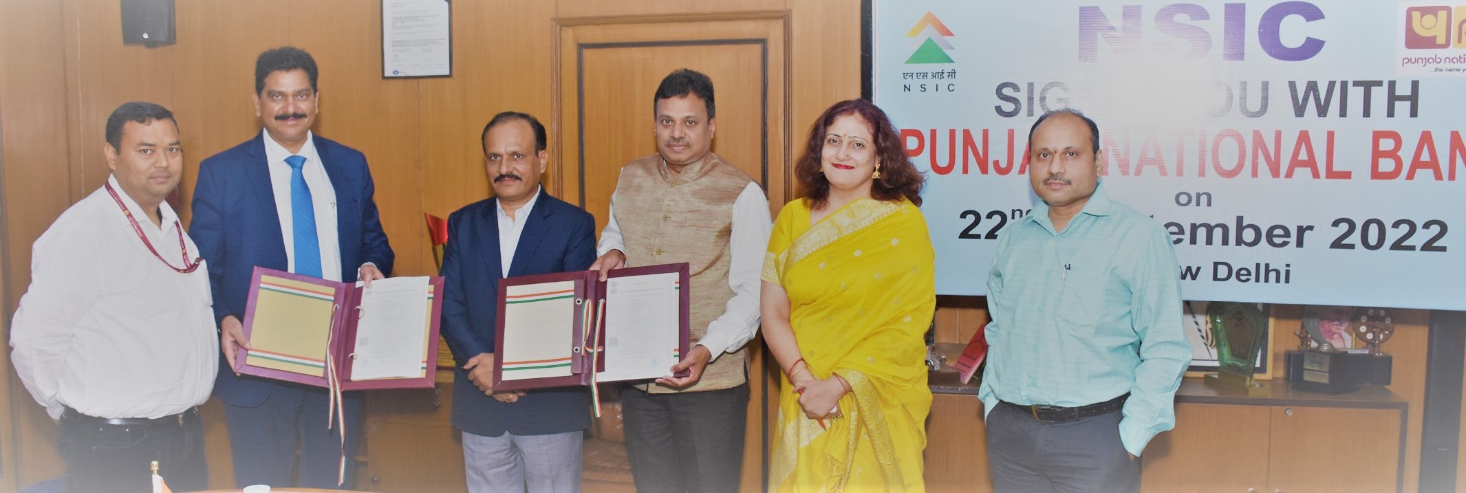 NSIC has signed MOU agreement on 22nd September 2022 with Punjab National Bank under Bank Tie up Scheme to help MSMEs with credit facility. This MOU envisages mutual cooperation in growth and development of MSME Sector in the country. The agreement was signed by Sh. P Ravi Kumar, Chief General Manager of NSIC and Mr.R.K Vashishtha, General Manager from PNB in the presence of Sh. Gaurang.Dixit, CMD NSIC. Also present on the occasion was  Ms Himani Shali, Chief Manager (Bank Tie Up) ,Sh.Ragunath  Chief Manager and Sh. Mahesh Bhatia Chief Manager (PNB).

