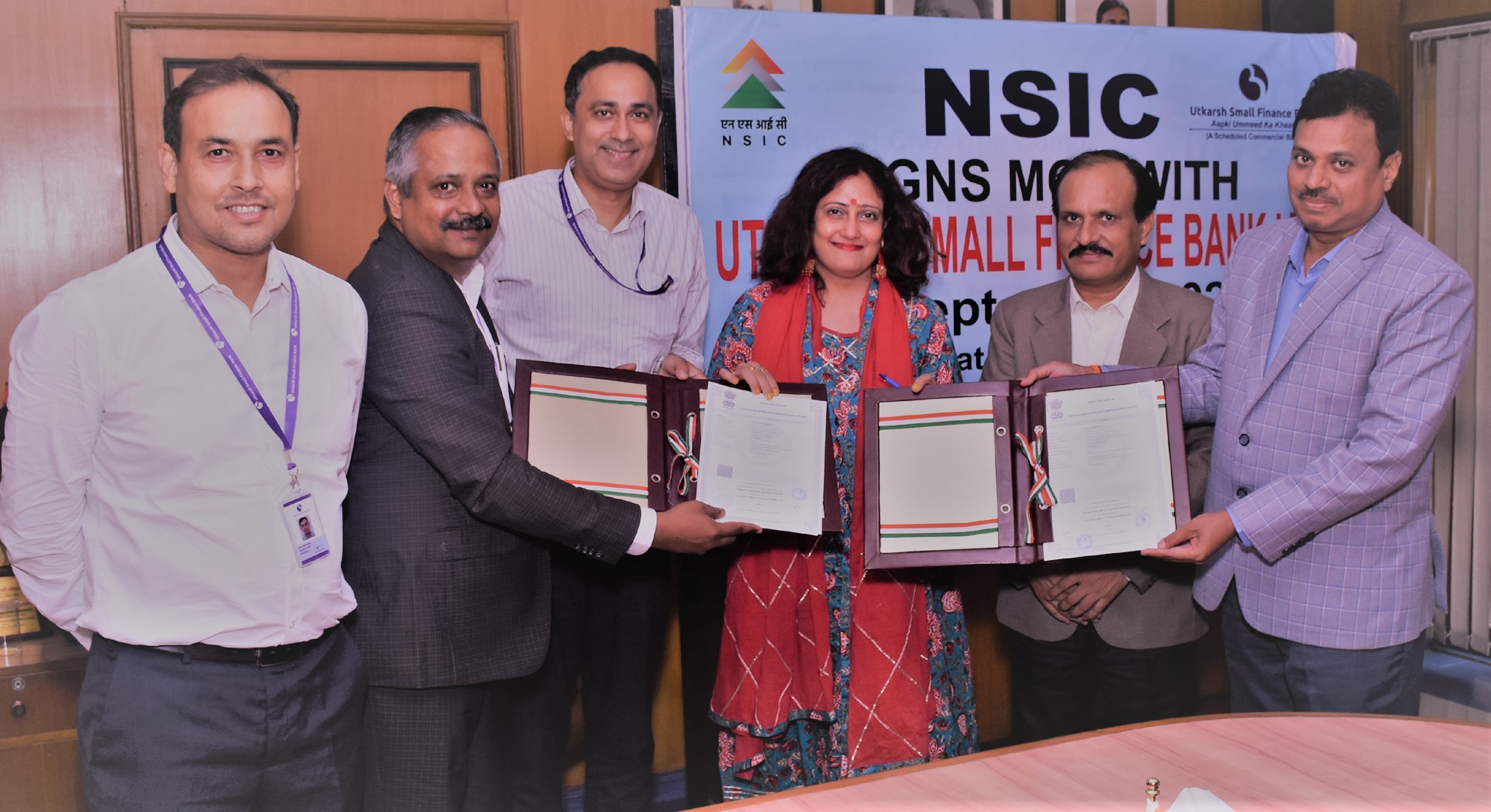 NSIC signs MoU with Utkarsh Small Finance Bank on 06/09/22 at New Delhi under its Bank tie up Scheme. This MoU arrangement with bank aims to support the MSMEs with their credit requirements. The MoU was signed by Sh. P.R Kumar, Chief General Manager, NSIC and Sh. Manoj M.A, Business Head of the bank in the presence of Sh. Gaurang Dixit, CMD , NSIC. Also present on the occasion was  Ms Himani Shali, Chief Manager (Bank Tie Up) .