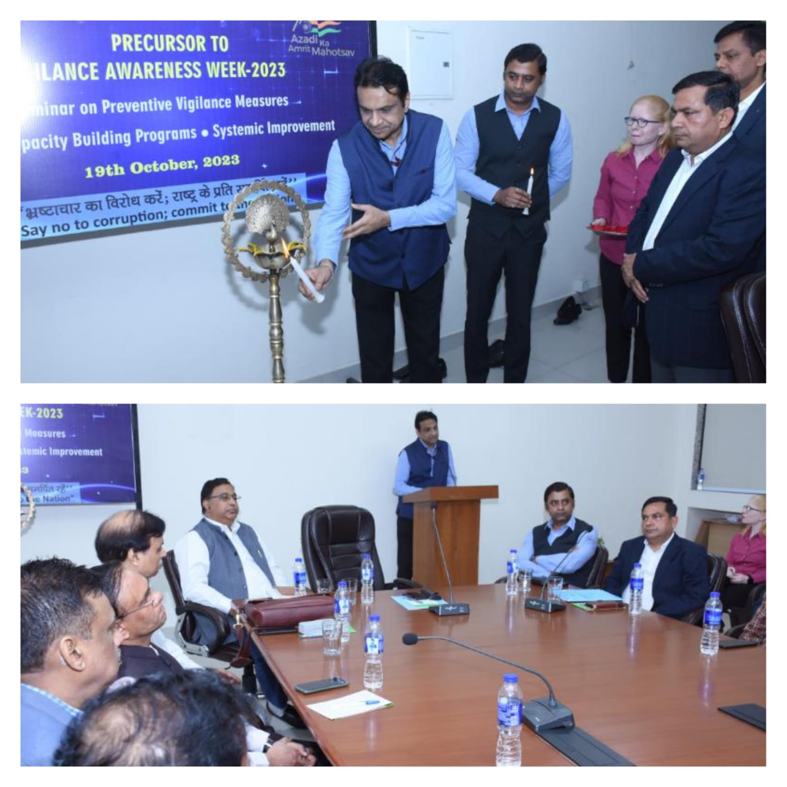 NSIC organized a one-day seminar in hybrid mode connecting all NSIC employees on 19th October, 2023 on Preventive Vigilance, with special emphasis on the theme of Public Interest Disclosures and Protection of Informers (PIDPI) i.e  Say No to Corruption, Commit to the Nation  at NSIC Corporate Office. The seminar was inaugurated by Shri Vipul Goel, JS(ARI) & CMD, NSIC in the presence of Shri Kartikeya Sinha, Director (P&M) and Shri Gaurav Gulati, Director (Finance). Speaking to the participants, CMD, NSIC stated that NSIC employees are required to inculcate a fundamental mindset shift, prioritizing a corruption-free work environment as also in-depth understanding of rules and procedures for error prevention. Other speakers of the seminar included Sh. Surjit Singh, Former Director, CVC & Sh. Krishan Mohan, IAS (Retd.) (A certified national trainer selected by the Department of Personnel and Training). Speaking on the occasion, Shri D.K Aggarwal, CVO, NSIC stated that NSIC is deeply committed to promoting ethical practices and fostering a culture of integrity, and this seminar is a significant step in this direction.
