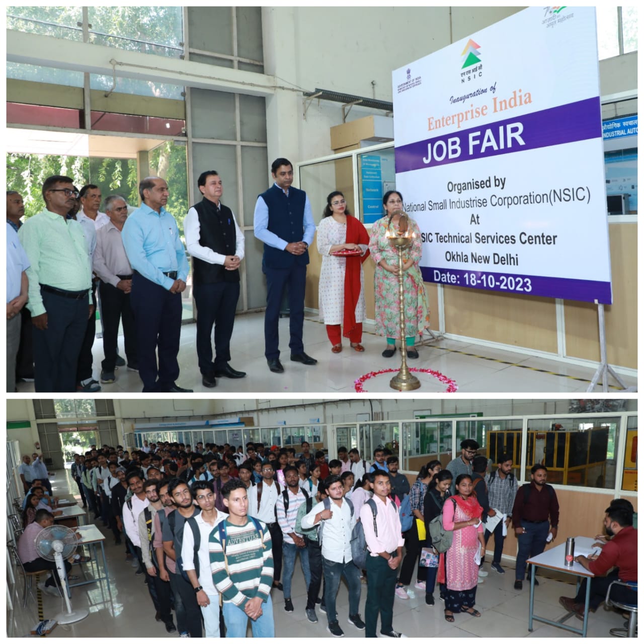 NSIC Technical Services Centre (Okhla),New Delhi organized its Third Job Fair of the year 2023-24 in its campus on 18th October, 2023 to facilitate the trainees of the Centre for their employment through campus placement. The job fair was inaugurated by Sh. Kartikeya Sinha – Director (Planning and Marketing). Thirty Four companies participated in this Job Fair and recruited candidates from various fields. Companies such as Munjal Showa, JBM, Allied Engineering, Zebronics, Millenium Automation from varied fields in Engineering & Technology participated as recruiters, while more than 800 trainees attended the interviews. 237 trainees were selected/shortlisted for placement after screening through the first round of interviews by the companies. Shri Navin Chopra, ED (Works), Shri Subodh Kumar Jaiswal, Centre Head (NTSC), Shri Rajesh Kumar Tripathi, ZGM (NCR), Shri Sanjay Sarif, DGM, Shri Rajiv Nath, DGM,  Ms. Madhu Malti, CM and  Ms. Vijayata Gautam, DM are also seen in the picture.