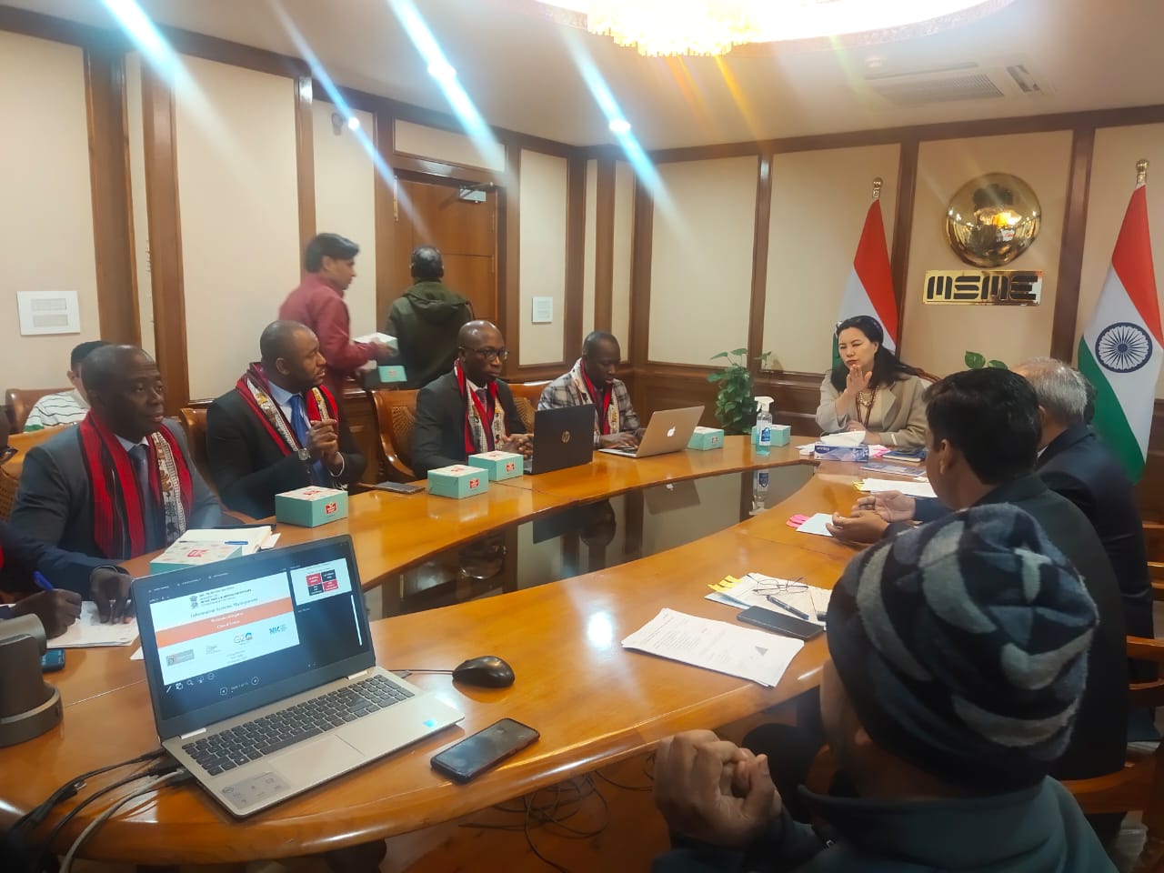 Ms. Mercy Epao, CMD, NSIC & Joint Secretary (SME) interacted with a delegation led by Mr. Antoni Ledoux Aka, Director of Information System of the Ivorian Ministry of Commerce, Industry and Promotion of SME, Govt. of Cote d lvoire on 19th Jan., 2023.  During the meeting, a presentation on Present Scenario of ICT in respect to Ministry of MSME was made by Shri. Shubhendu, DDG, NIC.  Shri Vidya Sagar Singh, GM-SG (DSF), NSIC gave presentation on the MSME Global Mart. Also, present on this occasion were Shri S.K. Verma, Deputy Secretary, MSME, Mr. Vidya Sagar Singh, GM-SG (DSF), NSIC and Smt. Anju Kapoor, Chief Manager (IT)-DSF, NSIC. The delegation has shown keen interest to cooperate with Ministry of MSME for various Portals/ Platforms.