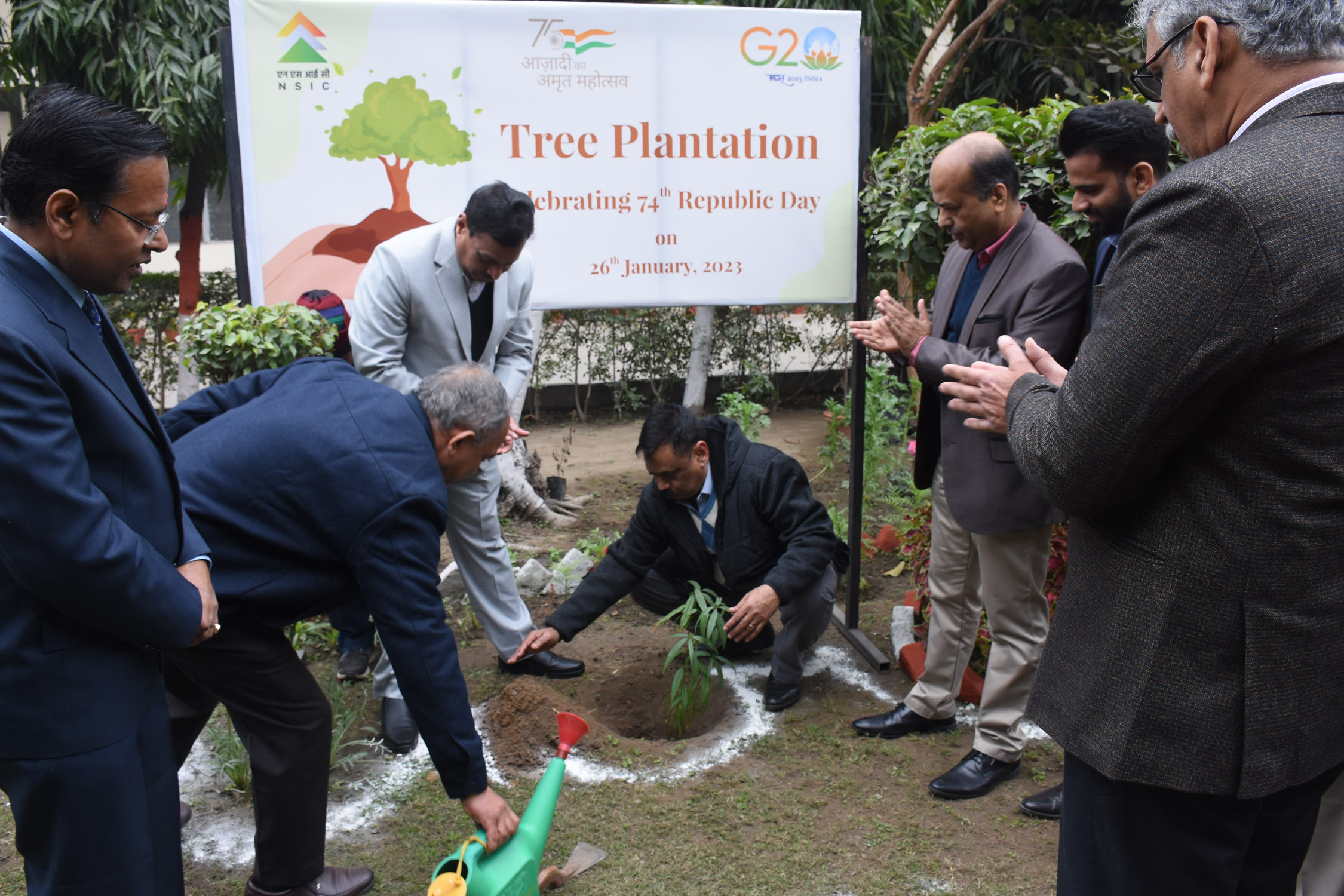 Rejoicing in the glory of Nationalism and Patriotism  and celebrating the Azadi Ka Amrit Mahotsav  NSIC carried out Tree Plantation on 26th Jan 2023 . The NSICians believe that adopting Green Living practices, such as proper recycling,  limiting electricity wastage and not using  chemical-laden products is also important. Seen in the picture are Shri Manoj Lal, Chief General Manager and Shri P.Ravi Kumar, Chief General Manger planting a sapling for encouraging  a habitable atmosphere on the planet.