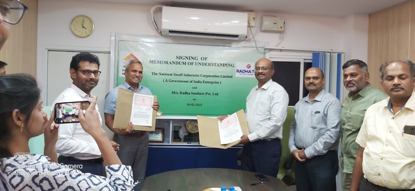 NSIC (Hyderabad) signed an MoU with RADHA Smelters Ltd. For supply of TMT/ Rebars (Brand: RADHA TMT) to MSME sector under RMD scheme. The MoU was signed by Shri K. Srinivas, Zonal Head, NSIC (South-II) and Shri Subash Chowdary, National Head, Radha Smelters Ltd., for supplies in Telangana, AP, Tamilnadu, Puducherry, Karnataka, Maharashtra and Orissa States. 