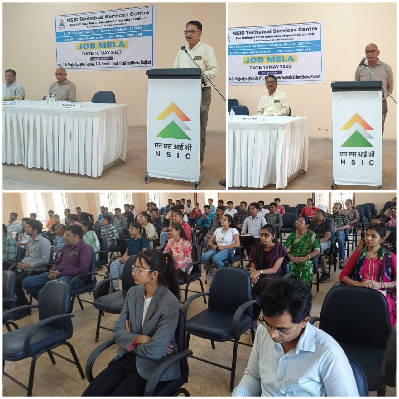 NSIC (Rajkot) conducted a Job Mela on 10th May 2023, at NSIC -TSC Premises. The program was inaugurated by Sh. D.B Vagadiya, Principal A.V Parekh Technical Institute, Rajkot as Chief Guest, in the presence of Sh. Upender Kumar Kohli, GM & Centre Head. Speaking on the occasion, Sh. D.B Vagadiya, Principal A.V Parekh Technical Institute, Rajkot advised the participants to avail benefit of NSIC-TSC facilities for development of their technical skill. Students trained in NSIC-TSC are having good scope of getting job opportunities as they are imparted with the practical knowledge. He urged them to take advantage of the facilities of NSIC-TSC, acquire knowledge and become proficient in the areas of your trade. 13 MSMEs participated for selecting skilled manpower. More than 57 students participated in the event. 16 Candidates were selected in preliminary round and the units have called for final selections of these candidates to their Companies. Shri P.R Chaganti, Chief Manager, NTSC (Rajkot) coordinated the program. NSIC-TSC provides linkages between MSMEs & Students and is doing a wonderful job in the overall growth of the individual and MSMEs. There is huge requirement of skilled manpower in Rajkot which is one of the industrial hub of India.

