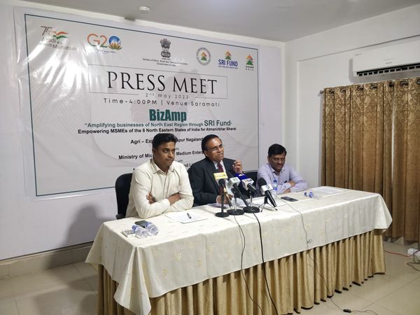 Shri Sarvana Kumar, CEO, NVCFL addressed the media on BizAmp, 1st outreach programme to be held at Dimapur on 4/5/23, organised by MoMSME in association with NVCFL under its SRI Fund. BizAmp will empower MSMEs from NER, amplifying their business utilising benefits under SRI Fund.