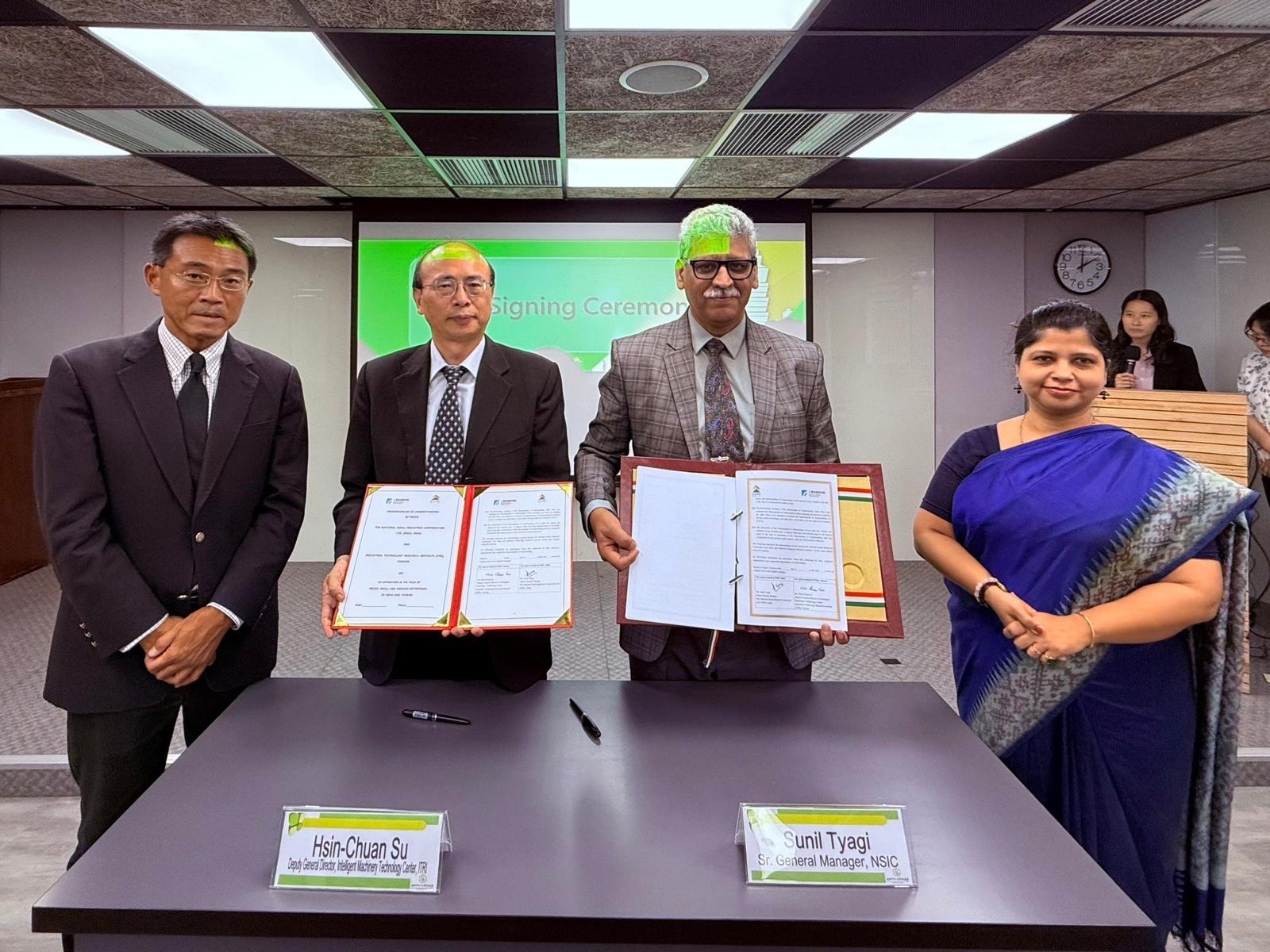 The National Small Industries Corporation (NSIC) has entered into a Memorandum of Understanding (MOU) with the Industrial Technology Research Institute (ITRI) Taiwan on October 02, 2024 at Taipei, Taiwan in the 3rd India-Taiwan SME Joint Working Group Meeting held during the Ministry of MSME led Indian delegation visit to Taiwan. This MoU aims for capacity building and skill development of MSMEs in advanced smart technologies in the field of intelligent machinery, manufacturing technology, robotics, product designing and digital factory management. The MoU was signed by Mr. Sunil Tyagi, Senior General Manager (International Cooperation) on behalf of NSIC and Mr. Hsin-Chuan Su, Deputy General Director of Intelligent Machinery Technology Center of ITRI in the presence of Dr. Ishita Ganguli Tripathy, Additional Development Commissioner, O/o DC (MSME) Ministry of MSME and Dr. G J Lee, General Director, Small and Medium Enterprise and Startup Administration (SMESA) of Taiwan. Also present on the occasion were, Mr. Ashok Kumar Sharma, Director (ARI), Ministry of MSME, Ms. Neelam Sharma, Under Secretary, Ministry of MSME, Mr. R.D. Patil, GM, Indo-German Tool Room Aurangabad and senior officials from Taiwan side.