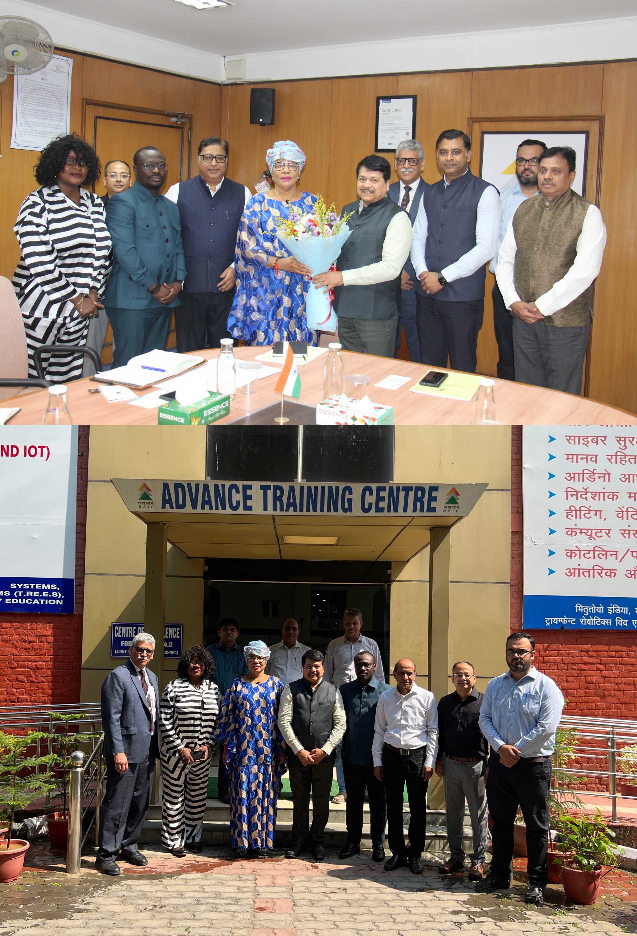 Her Excellency Ms. Zozo Binti Josephine, Charge d Affaires, Embassy of the Democratic Republic of Congo, New Delhi, called on Dr. Subhransu Sekhar Acharya, Chairman-Cum-Managing Director, NSIC, to discuss potential avenues for cooperation between NSIC and the Democratic Republic of Congo, particularly in the realm of enterprise creation, skill building, incubation and entrepreneurship development. During the meeting, Dr. Acharya provided an overview of the various initiatives undertaken by NSIC to promote entrepreneurship and support the development of MSMEs in India. Subsequently, the delegates from Embassy of the Democratic Republic of Congo, New Delhi, also visited NSIC’s Rapid Incubation Centre and Advanced Training Centre in Okhla, New Delhi. Her Excellency commended NSIC Rapid Incubation Centre model for its effectiveness in employment generation. She further expressed a strong interest in exploring collaborative opportunities. The discussion was also attended by Mr. Kartikeya Sinha, Director (Planning & Marketing), Mr. Gaurav Gulati, Director (Finance), Mr. P. Ravi Kumar, Chief General Manager, Mr. Sunil Tyagi, Senior General Manager (International Cooperation); Mr. Subodh Jaiswal, Senior General Manager (Head NTSC, Okhla, New Delhi).