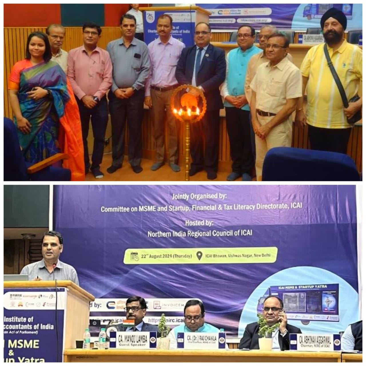 The ICAI MSME & Startup Yatra 2024 was officially flagged off for the North Region from the premises of the Northern India Regional Council (NIRC) of ICAI. The event marked a significant collaboration between the Institute of Chartered Accountants of India (ICAI) and the National Small Industries Corporation (NSIC), reinforcing their commitment to the growth and empowerment of MSMEs across India. Key dignitaries present at the event included Shri Sanjay Rautela, ZGM-Delhi, NSIC, Shri Umesh Dixit, GM (NSSH), Shri Sanjay Yadav, SBM, Shri Shaminder Kardam, Dy. Manager, BO(Delhi), CA (Dr.) Raj Chawla, Vice Chairman, Committee on MSME, ICAI; Shri Abhinav Aggarwal, Chairman, NIRC of ICAI; and Shri Manoj Lamba. During the flag-off event, participants were briefed on various NSIC initiatives, including those under the National SC-ST Hub Office (NSSH), that are specifically designed to support and uplift MSMEs. These initiatives aim to provide comprehensive assistance in areas such as financial literacy, market linkages, and capacity building. The event witnessed the participation of approximately 100 individuals, including Chartered Accountants, trainees, startup founders, and entrepreneurs, all of whom are key stakeholders in the MSME ecosystem.