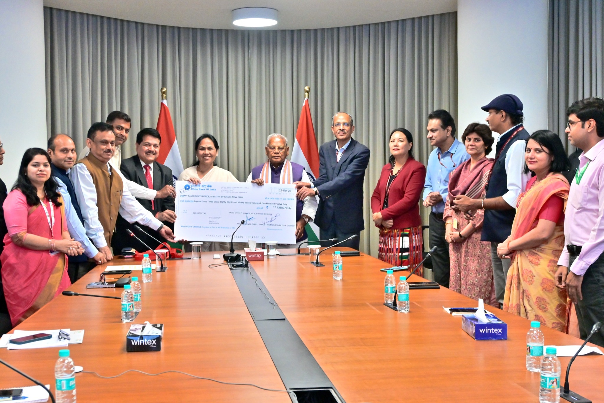 The National Small Industries Corporation Limited (NSIC), a Mini Ratna enterprise under the Ministry of MSME, paid a dividend of ₹43.89 crore to the Government of India for the financial year 2024-25. The dividend cheque was presented by Dr. Subhransu Sekhar Acharya, CMD, NSIC to Shri Jitan Ram Manjhi, Hon'ble Union Minister of MSME and Sushri Shobha Karandlaje, Hon'ble MoS, Ministry of MSME, in the presence of Shri S.C.L. Das, Secretary, Ministry of MSME, Ms. Mercy Epao, JS (SME), Shri Kartikeya Sinha, Director (P&M), NSIC and other senior officials from Ministry and NSIC. Dr. Acharya highlighted NSIC's financial milestones, including a revenue of ₹3,431 crore and Profit after Tax (PAT) of ₹146.30 crore, up by 15.60% from the previous year. The Hon'ble Minister applauded NSIC's efforts in empowering MSMEs through integrated support services, and both leaders expressed confidence in NSIC's continued role in fostering enterprise creation and skill development.