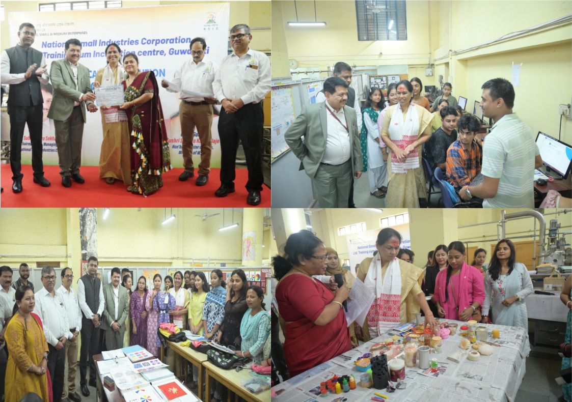 Shurshree Sobha Karandlaje, Honourable Minister of State, MSME, Govt of India, visited  NSIC Guwahati Training Centre on 30th October 2025 alongwith Dr S.S Acharya, CMD, NSIC and Sh. Kartikeya Sinha DPM, NSIC on 30th October 2025. During her visit she appreciated the skilling and entrepreneurship initiatives of NSIC and expressed her happiness about the overwhelmingly large section of trainees being Women. She distributed Certificates to the successful trainees and encouraged them to utilise the opportunity of various schemes of Govt after completion of training courses. She lauded NSIC training centre for its continued endeavours towards micro-enterprise creation.