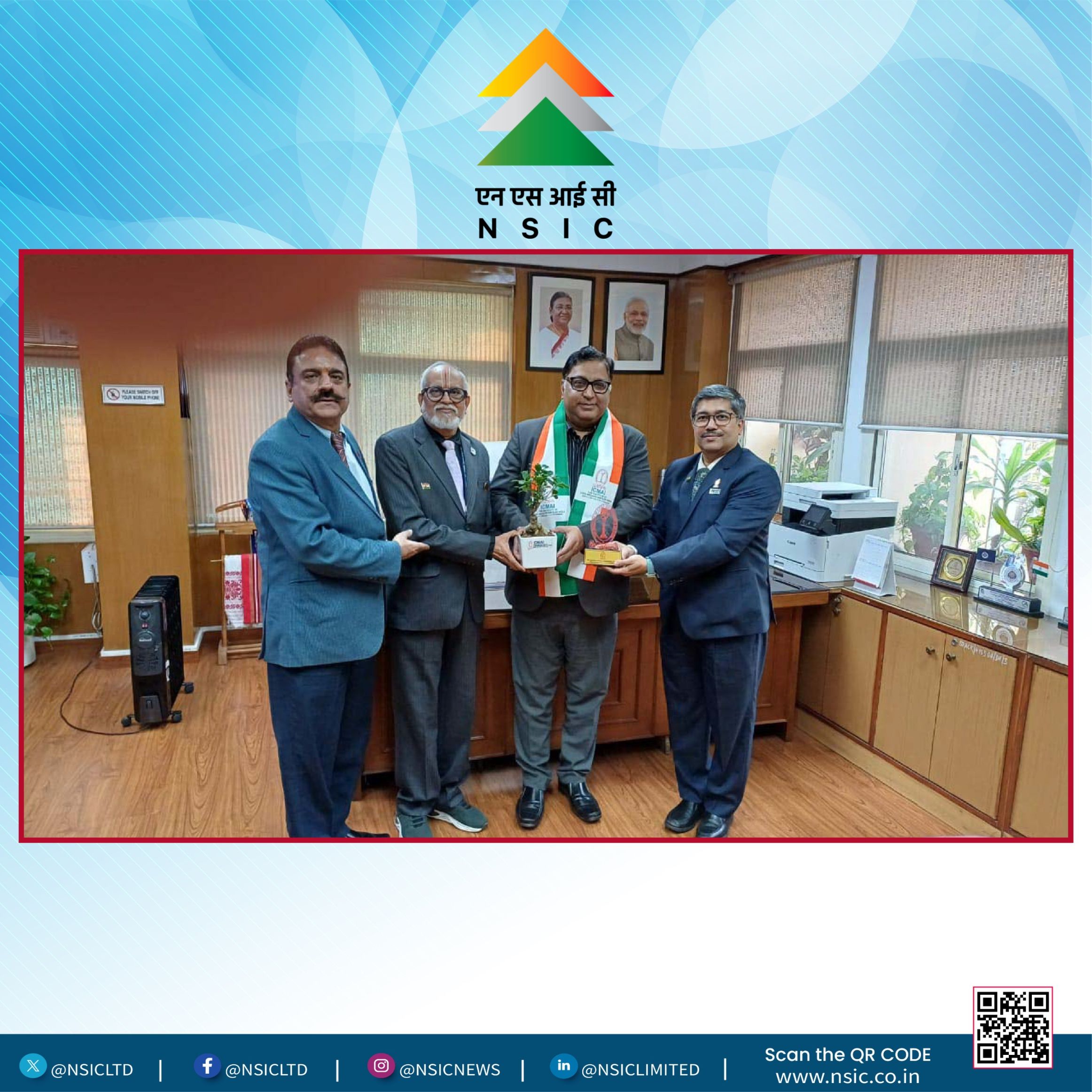 A high level delegation from The Institute of Cost Accountants of India, comprising Shri TCA Srinivas Prasad, President, Shri Neeraj D. Joshi, Vice President, and Shri M. K. Anand, Council Member visited NSIC and met Shri Gaurav Gulati, Director (Finance), National Small Industries Corporation (NSIC).

The discussion veered around developing new opportunities for the growth of MSME sector. The visiting team discussed ways to engage practicing Cost and Management Accountants (CMAs) across India to support the MSME ecosystem by leveraging mutual strengths.

This partnership is expected to benefit MSMEs by providing them access to professional expertise, enhancing their financial management capabilities, and improving overall business performance.