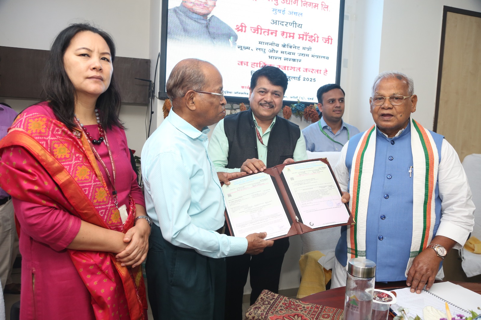 To provide a further fillip, inspire and take stock of efforts of the Central Govt. Organisations engaged in serving the MSME sector in the state of Maharashtra, Honorable Minister Shri Jitan Ram Manjhi ji visited these institutions. During this visit, he visited NSIC office at Mumbai. While interacting with the officers of NSIC, he exhorted every one to take pride in the work they are doing as it is directly contributing to Nation building. He appreciated the inclusive growth efforts of National SC ST Hub offices and assured support of Govt of India in their endeavors. The interaction was attended by Ms. Mercy Epao, Joint Secretary, Ministry of MSME, Dr. Subhransu Acharya, CMD, NSIC, Shri Manoj Singh, Zonal Head, Mumbai Zone besides several senior officials from NSIC and NSSH offices of Maharashtra.