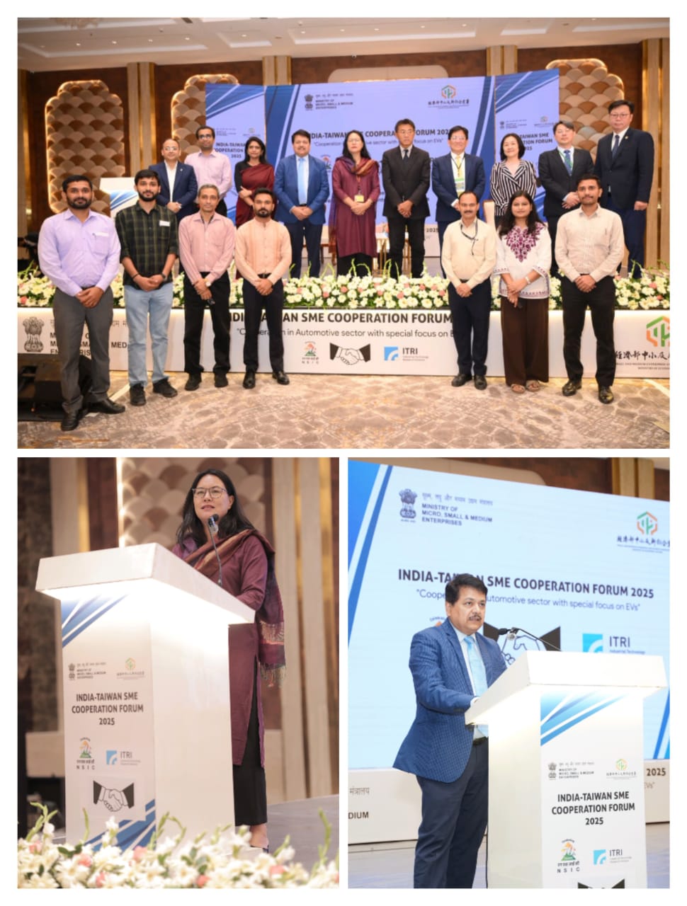 NSIC, on behalf of the Ministry of MSME, Government of India, successfully hosted the 4th India–Taiwan SME Cooperation Forum: Driving the Future of Automotive & EVs on September 11, 2025, at the Banquet Hall, India Expo Centre, Greater Noida. The event was held alongside the 5th EV India Expo 2025.
The Forum commenced with opening remarks from the Co-chairs—Ms. Mercy Epao, Joint Secretary (SME), Ministry of MSME, and Dr. GJ Lee, Director General, SMESA, Ministry of Economic Affairs, Taiwan. This was followed by keynote addresses delivered by Dr. Subhransu Sekhar Acharya, CMD, NSIC, and Dr. Lewis Chen, General Director, ITRI, Taiwan. Key segments of the Forum featured insightful presentations by industry experts and a thought-provoking panel discussion on emerging trends, challenges, and opportunities in the EV sector.