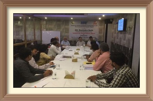Sh. Ravindra Nath, CMD, NSIC interacted with representatives of various industries` associations of Aligarh in order to understand the skill and common facilities requirements of the industry of Aligarh region. The objective was to revamp the activities of NTSC, Aligarh according to the needs of the industry. CMD also apprised them of various recent initiatives taken by NSIC. Sh. A.K. Mittal, who has taken over as Director (Fin), NSIC also accompanied CMD. Performance of NTSC, was also reviewed during the visit.

<br/>
<a target="_blank"  href="https://www.facebook.com/NSICLTD/photos/pcb.1189407784430566/1189407454430599/?type=3&theater"><font color="#FF6600">Click here to view  more images.</font></a> <br/>
<img ALIGN=right src=/images/61annyear.jpg  height=80 WIDTH=90/>